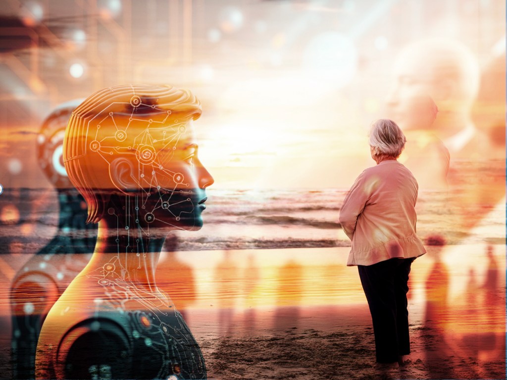 The visual thought of mid age women looking out over the ocean site. with AI by the side. The outlook towards humain life is made by humain. AI looks at the humain because without humain it would not existe. The only reason for AI to existe is to be used by humain. The history of what humain has to bring to AI is in the hands of humain.